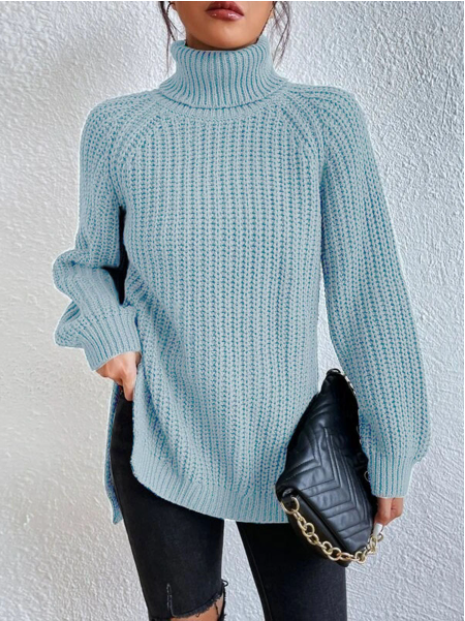 Marlene | Baumwoll-Rollkragenpullover mit Raglanärmeln und Seitenschlitz