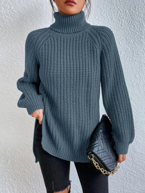 Marlene | Baumwoll-Rollkragenpullover mit Raglanärmeln und Seitenschlitz